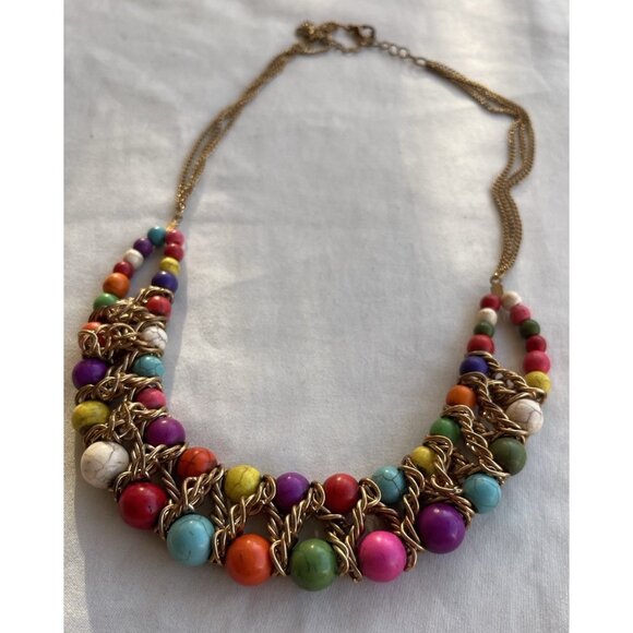 Ethnic Multicolor Boho Cord Necklace Colorful Beads Round Natural Stones 22” - Picture 5 of 16
